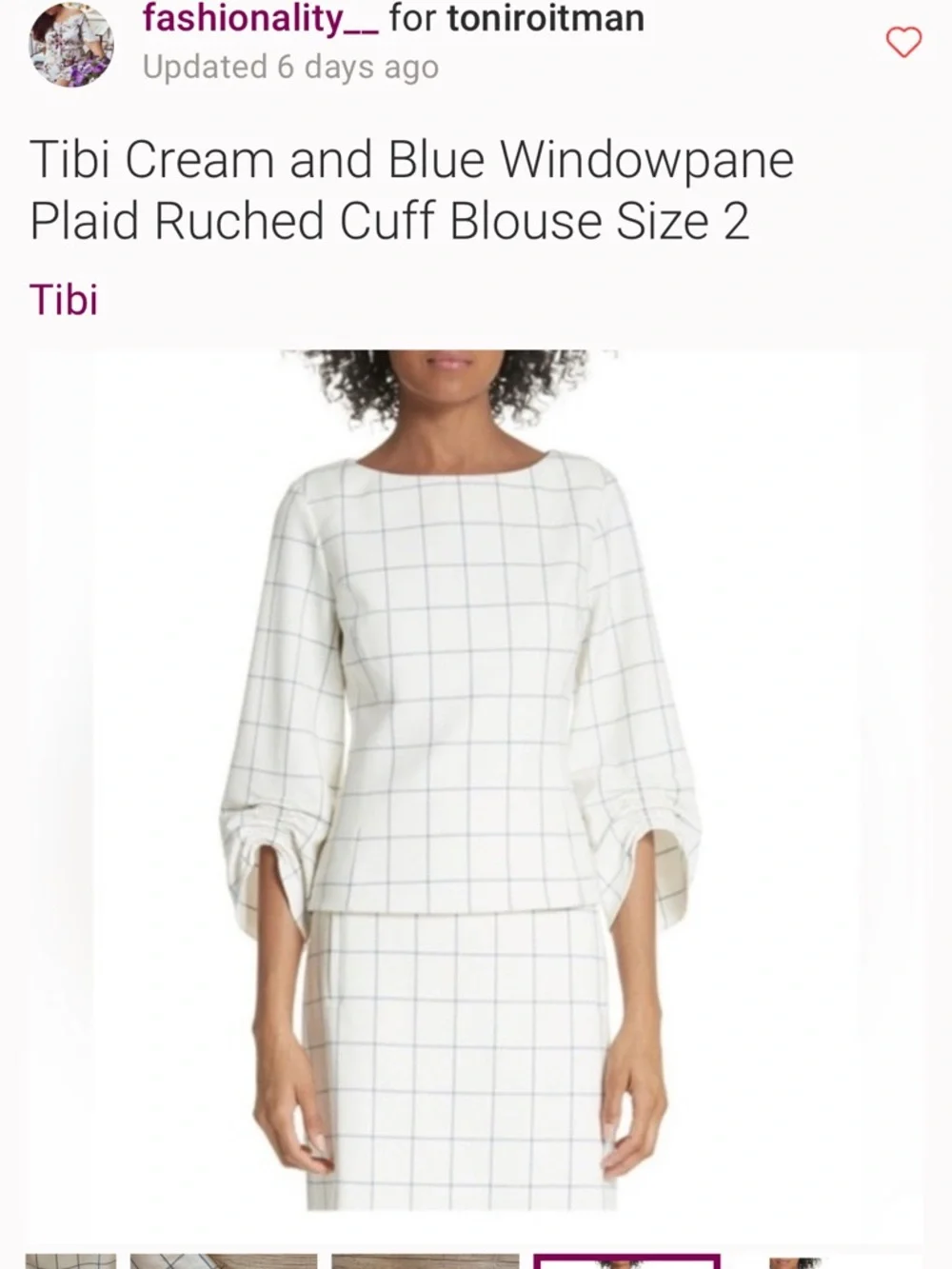 Tibi Cream Blouse with Blue Windowpane Plaid and Ruched Cuffs - Picture 3 of 7
